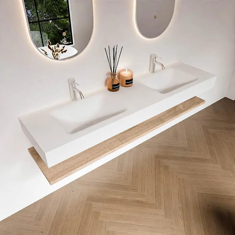 Zaro Alan badmeubel 170cm met planchet washed oak en vrijhangende wastafel cloud dubbel 2 kraangaten talc