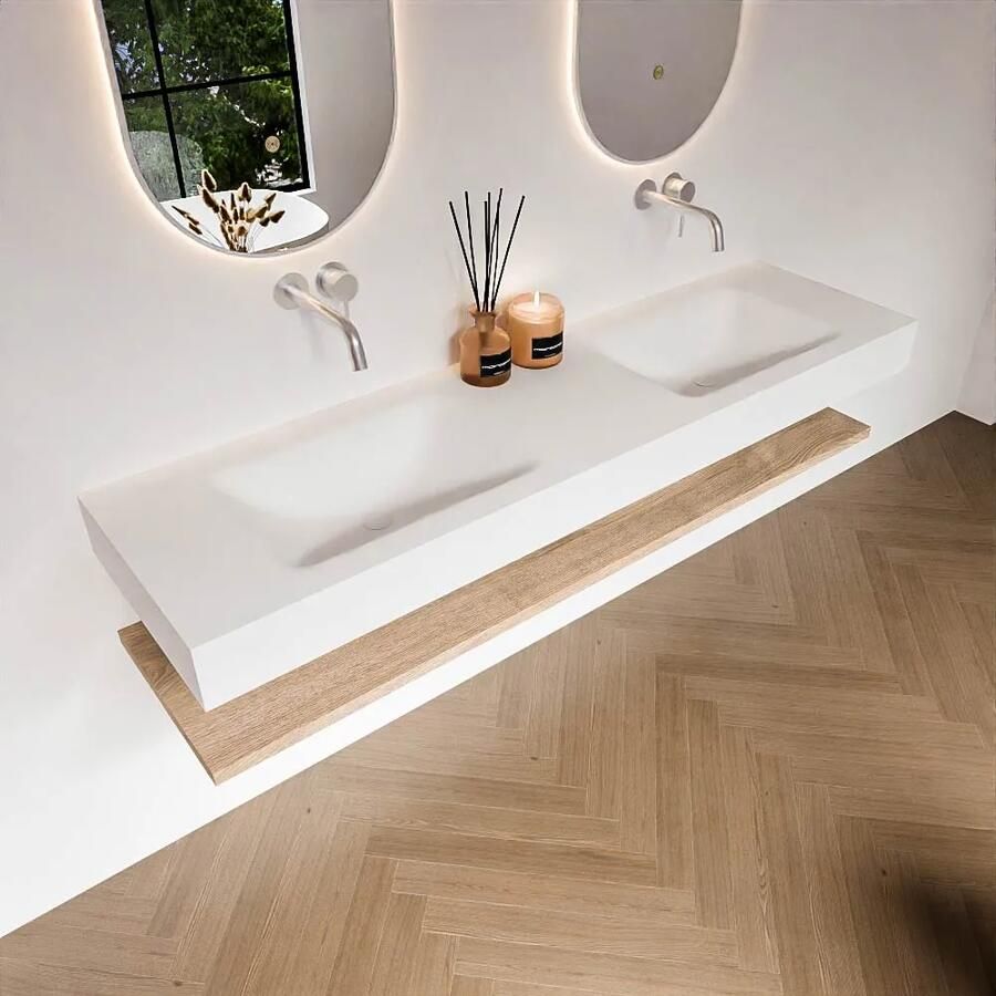 Zaro Alan badmeubel 170cm met planchet washed oak en vrijhangende wastafel cloud dubbel zonder kraangat talc