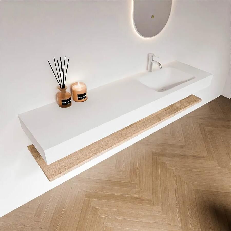 Zaro Alan badmeubel 170cm met planchet washed oak en vrijhangende wastafel cloud rechts 1 kraangat talc