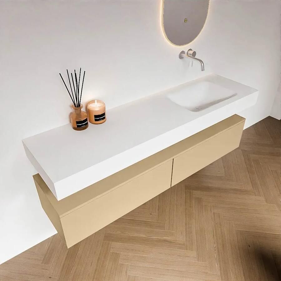Zaro Alan badmeubel 170cm sand 2 lades met vrijhangende wastafel cloud rechts zonder kraangat talc