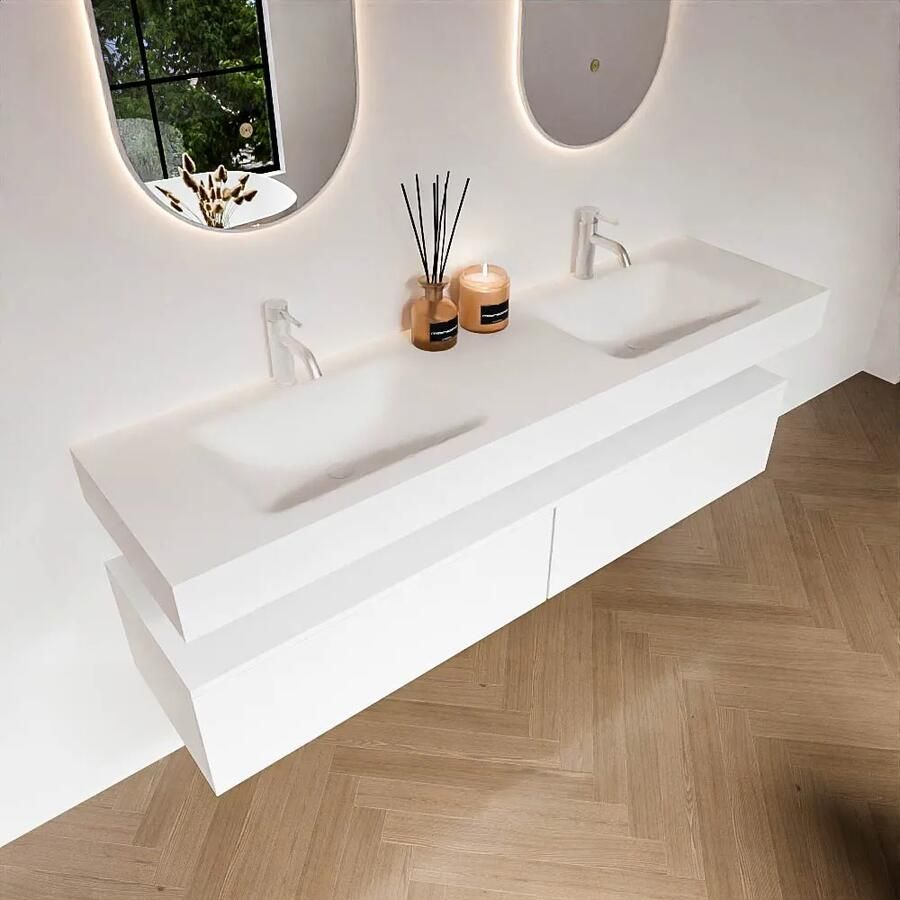 Zaro Alan badmeubel 170cm talc 2 lades met vrijhangende wastafel cloud dubbel 2 kraangaten talc