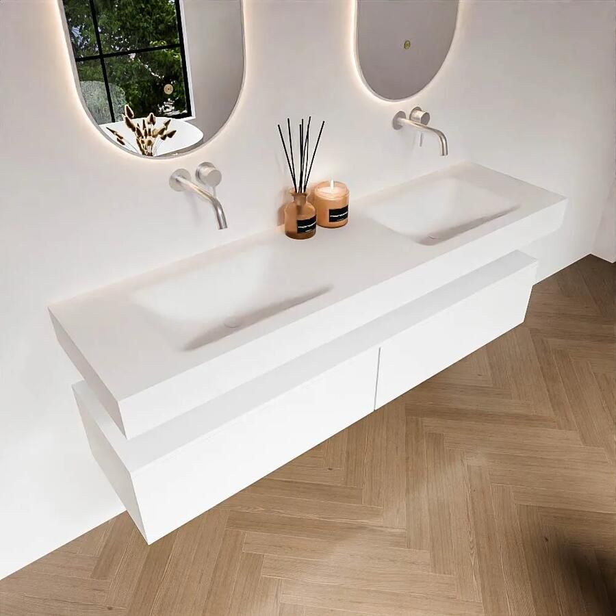 Zaro Alan badmeubel 170cm talc 2 lades met vrijhangende wastafel cloud dubbel zonder kraangat talc