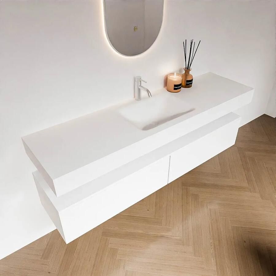 Zaro Alan badmeubel 170cm talc 2 lades met vrijhangende wastafel cloud midden 1 kraangat talc