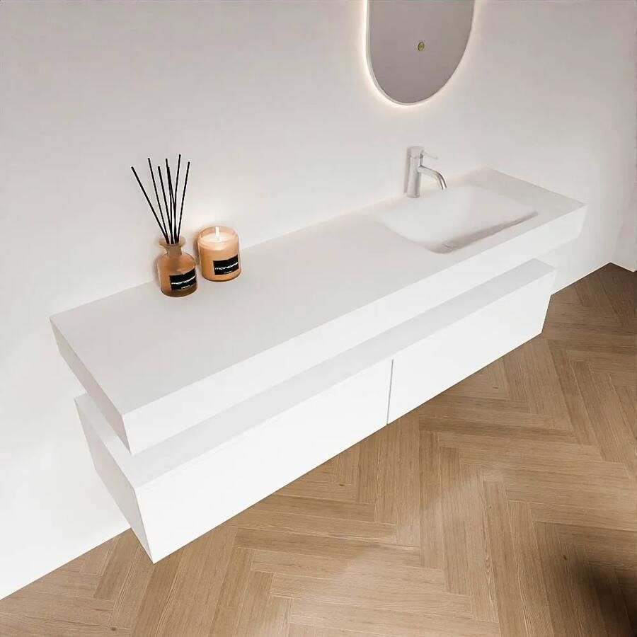 Zaro Alan badmeubel 170cm talc 2 lades met vrijhangende wastafel cloud rechts 1 kraangat talc