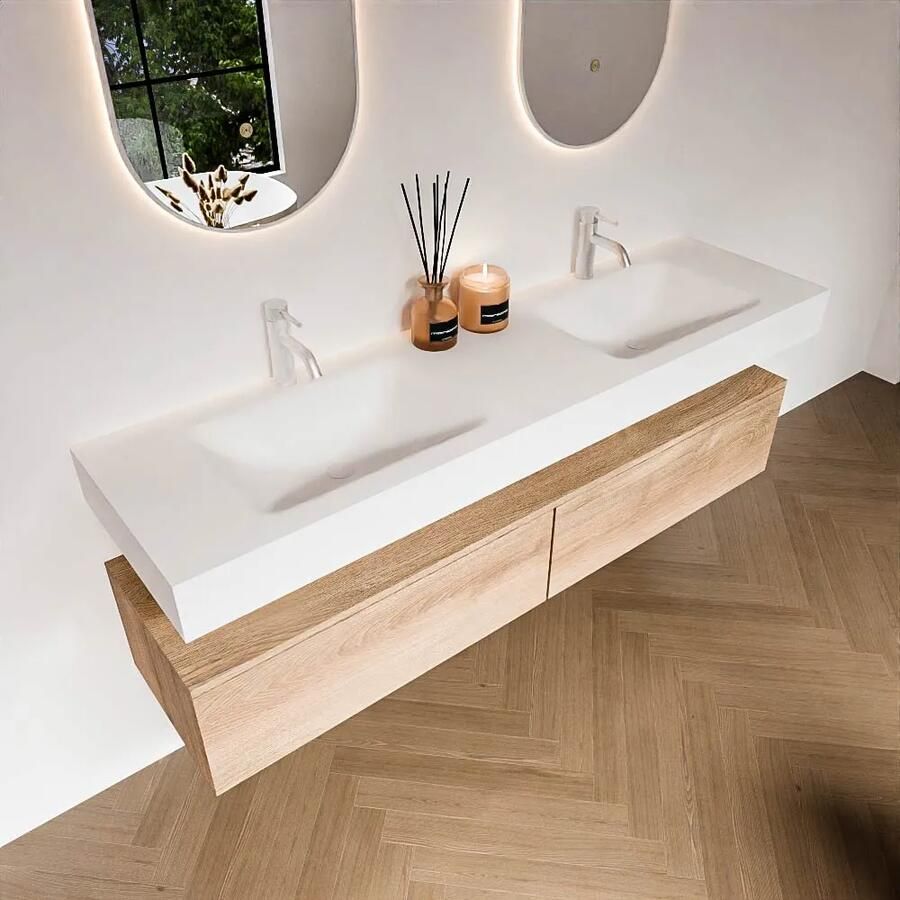 Zaro Alan badmeubel 170cm washed oak 2 lades met vrijhangende wastafel cloud dubbel 2 kraangaten talc