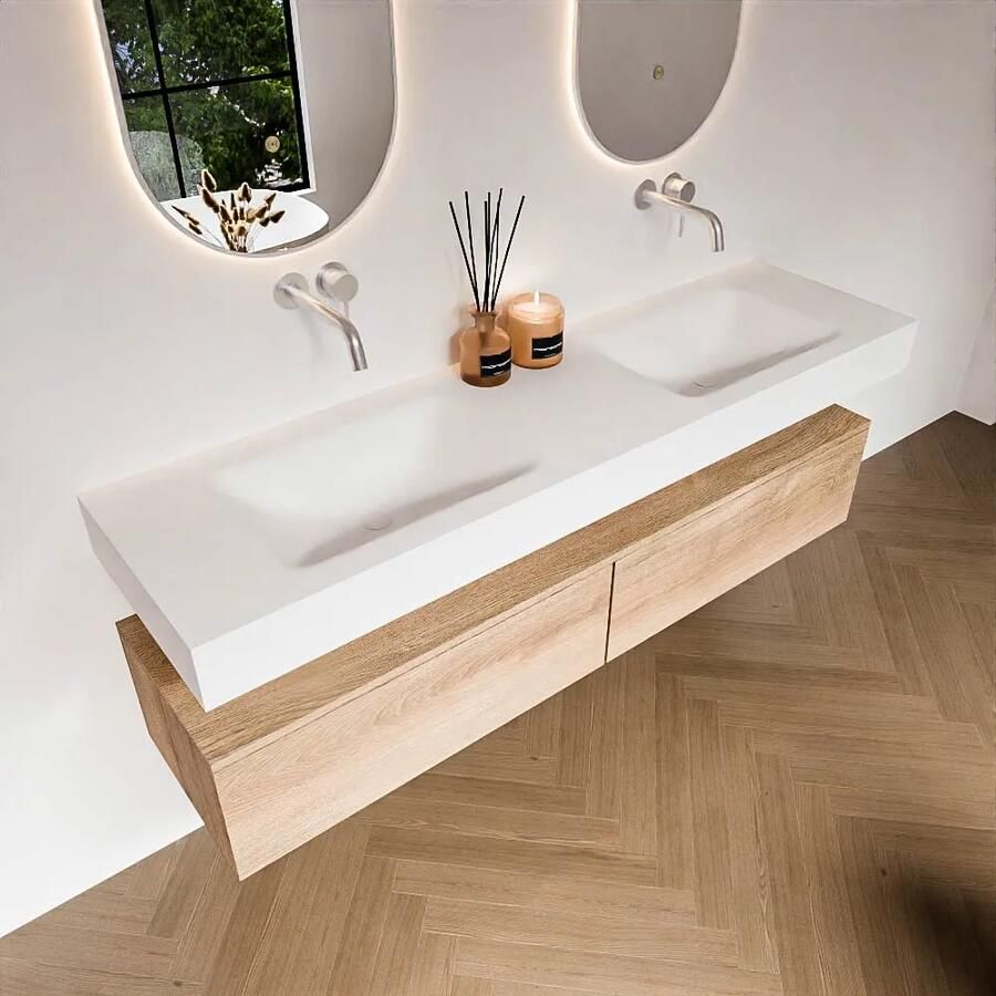 Zaro Alan badmeubel 170cm washed oak 2 lades met vrijhangende wastafel cloud dubbel zonder kraangat talc