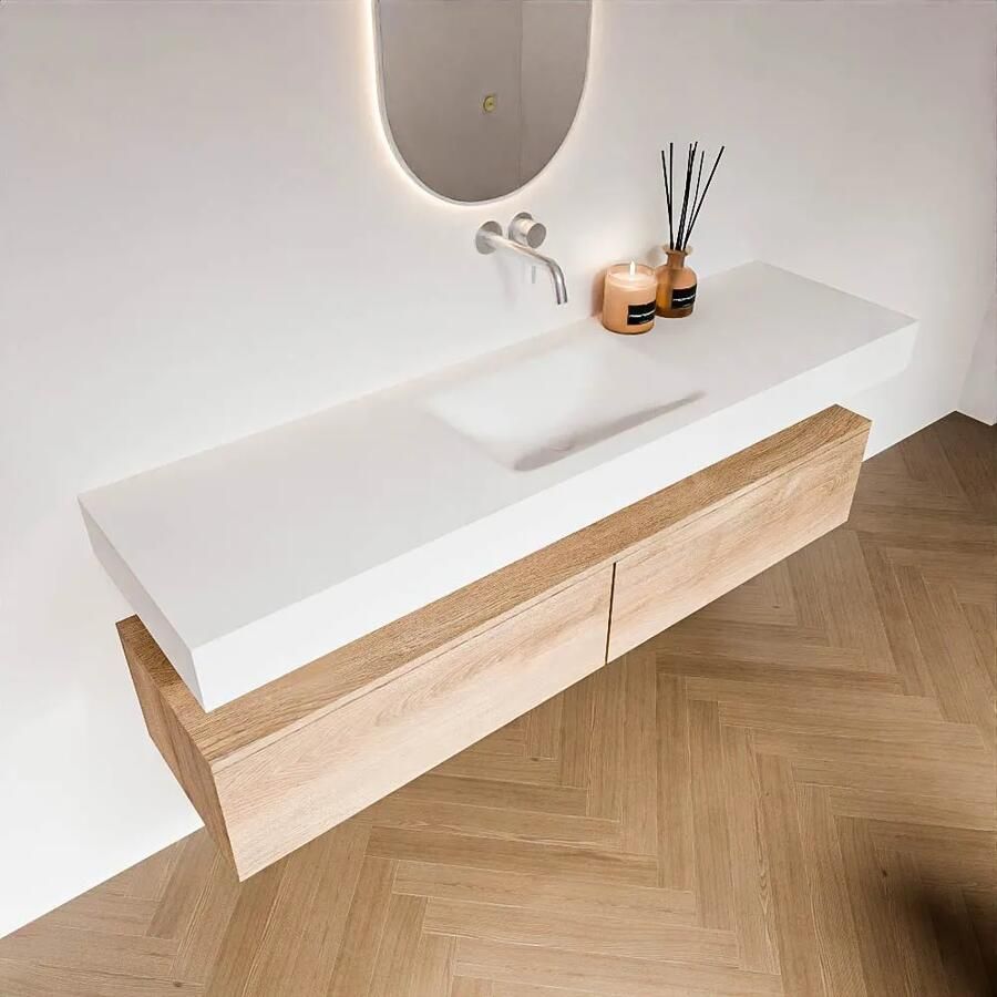 Zaro Alan badmeubel 170cm washed oak 2 lades met vrijhangende wastafel cloud midden zonder kraangat talc