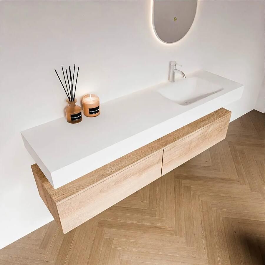 Zaro Alan badmeubel 170cm washed oak 2 lades met vrijhangende wastafel cloud rechts 1 kraangat talc