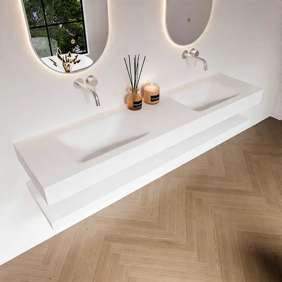 Zaro Alan badmeubel 180cm met planchet talc en vrijhangende wastafel cloud dubbel zonder kraangat talc