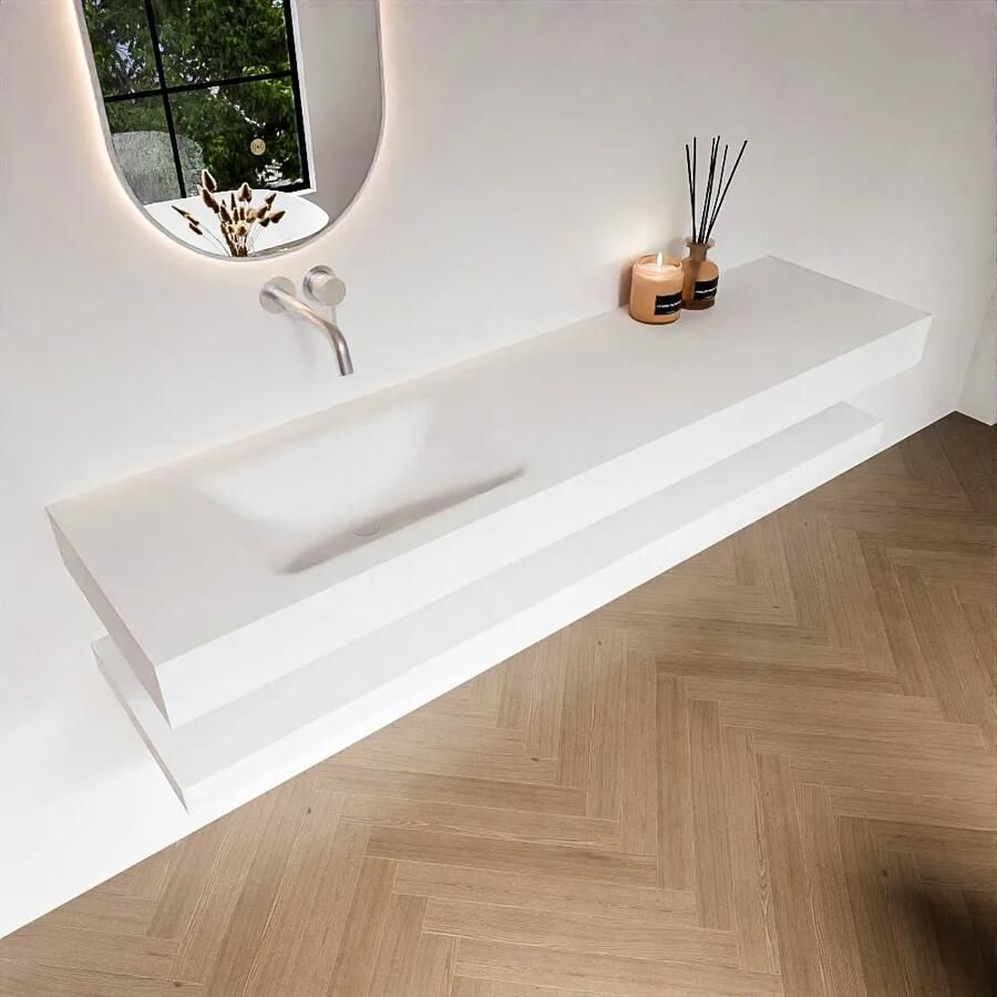 Zaro Alan badmeubel 180cm met planchet talc en vrijhangende wastafel cloud links zonder kraangat talc