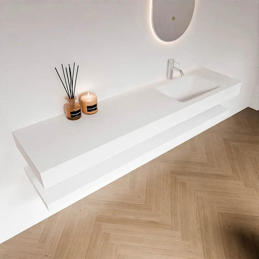 Zaro Alan badmeubel 180cm met planchet talc en vrijhangende wastafel cloud rechts 1 kraangat talc