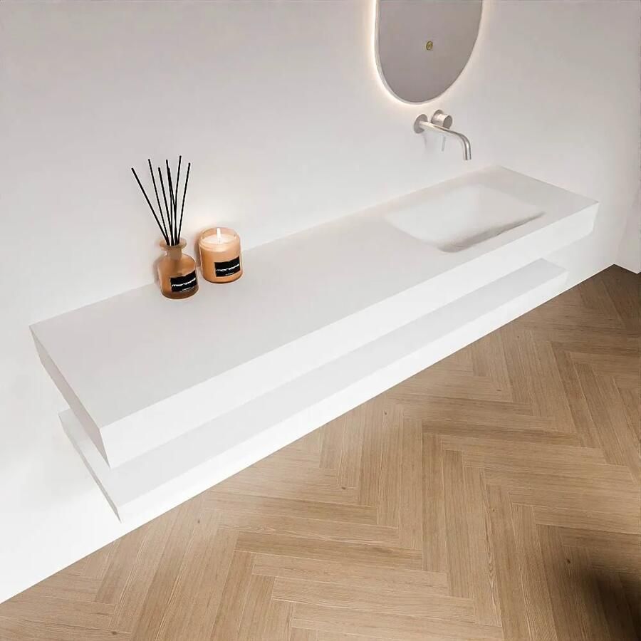 Zaro Alan badmeubel 180cm met planchet talc en vrijhangende wastafel cloud rechts zonder kraangat talc