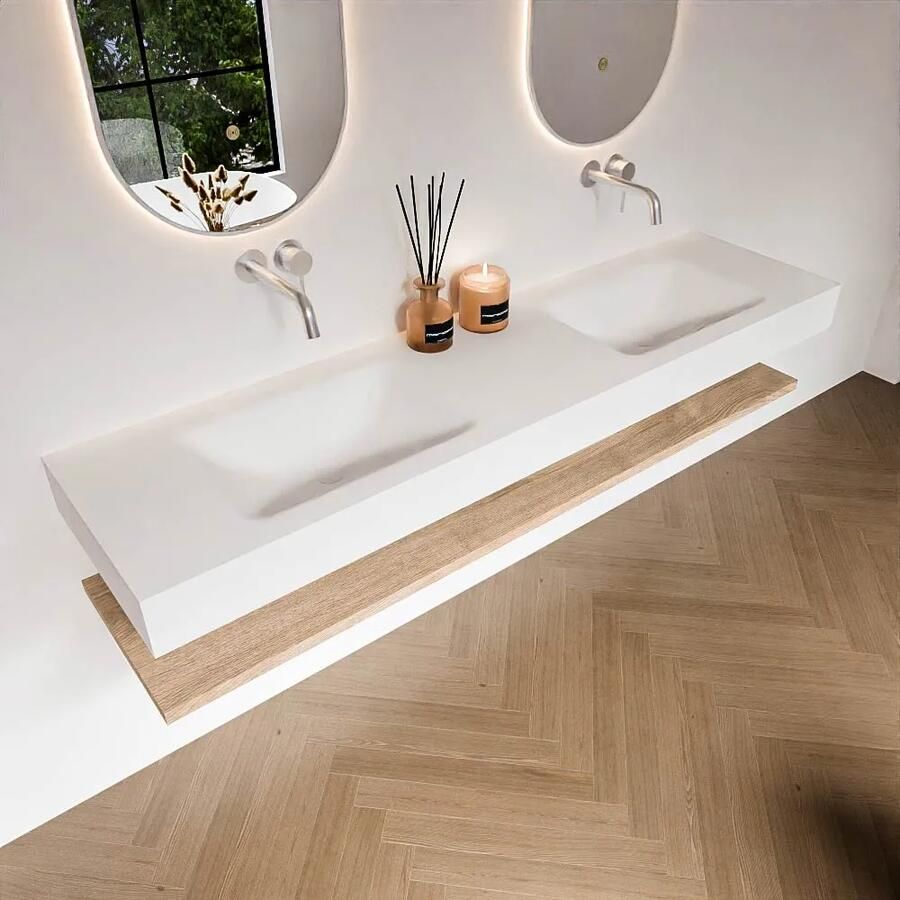 Zaro Alan badmeubel 180cm met planchet washed oak en vrijhangende wastafel cloud dubbel zonder kraangat talc