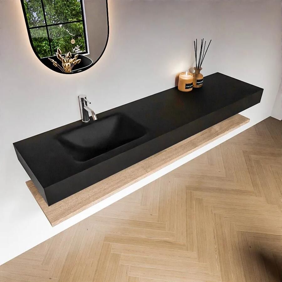 Zaro Alan badmeubel 180cm met planchet washed oak en vrijhangende wastafel cloud links 1 kraangat urban