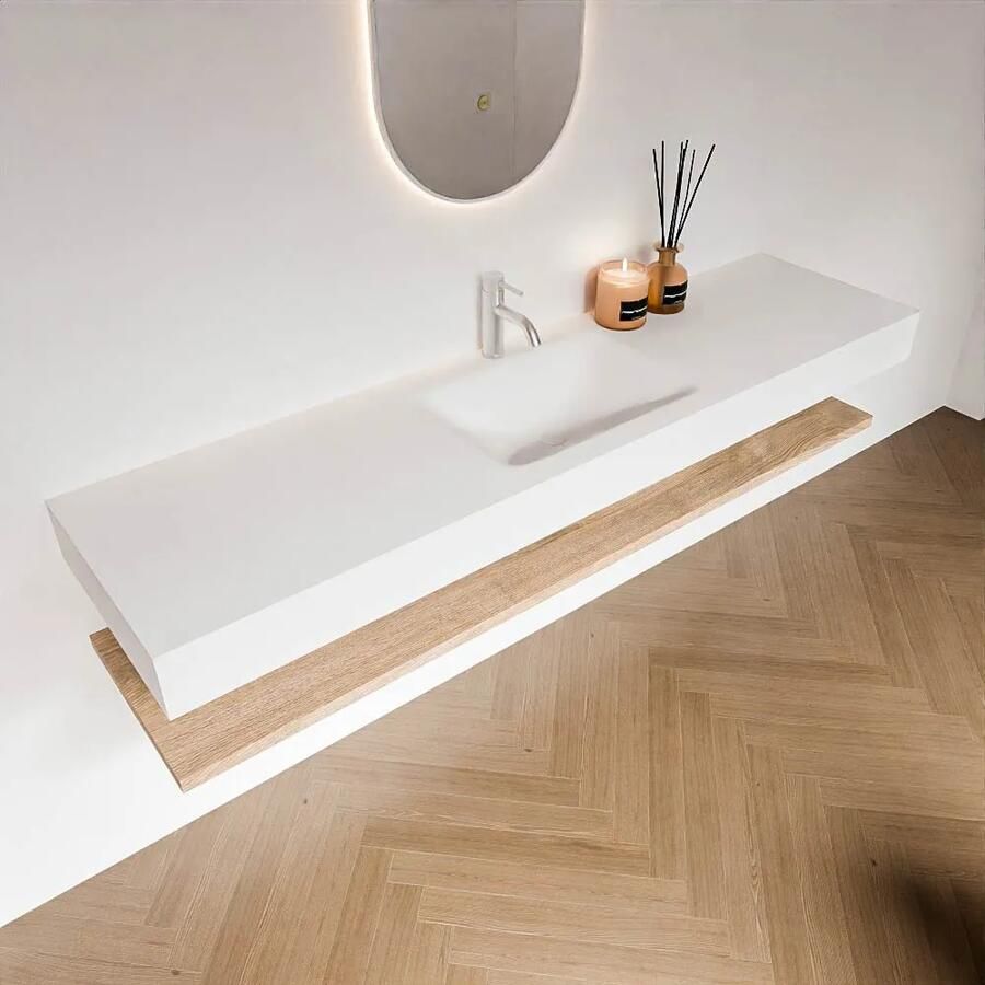 Zaro Alan badmeubel 180cm met planchet washed oak en vrijhangende wastafel cloud midden 1 kraangat talc