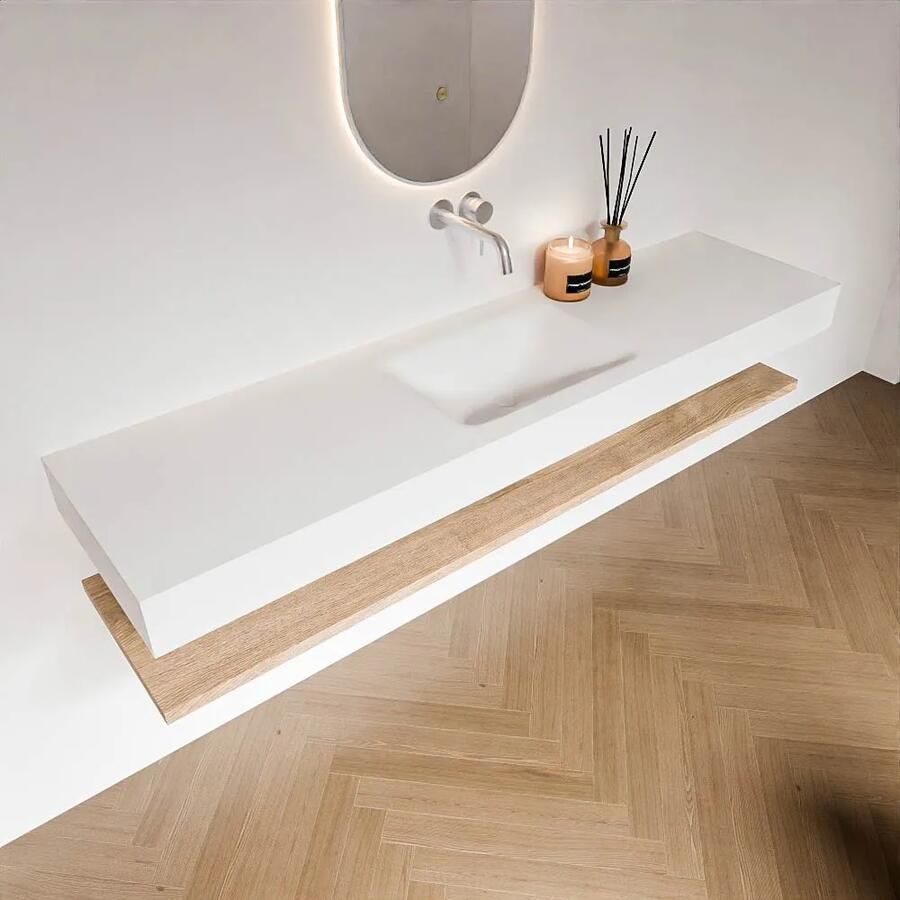 Zaro Alan badmeubel 180cm met planchet washed oak en vrijhangende wastafel cloud midden zonder kraangat talc