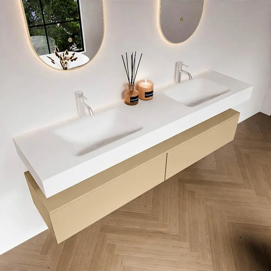 Zaro Alan badmeubel 180cm sand 2 lades met vrijhangende wastafel cloud dubbel 2 kraangaten talc