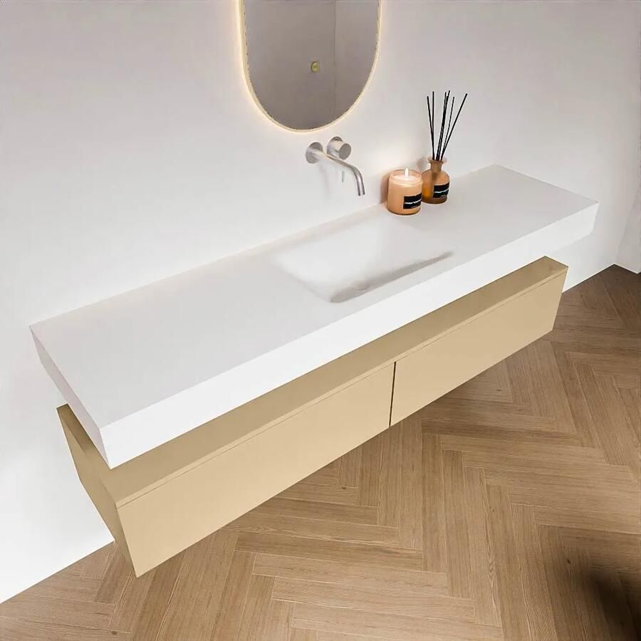 Zaro Alan badmeubel 180cm sand 2 lades met vrijhangende wastafel cloud midden zonder kraangat talc