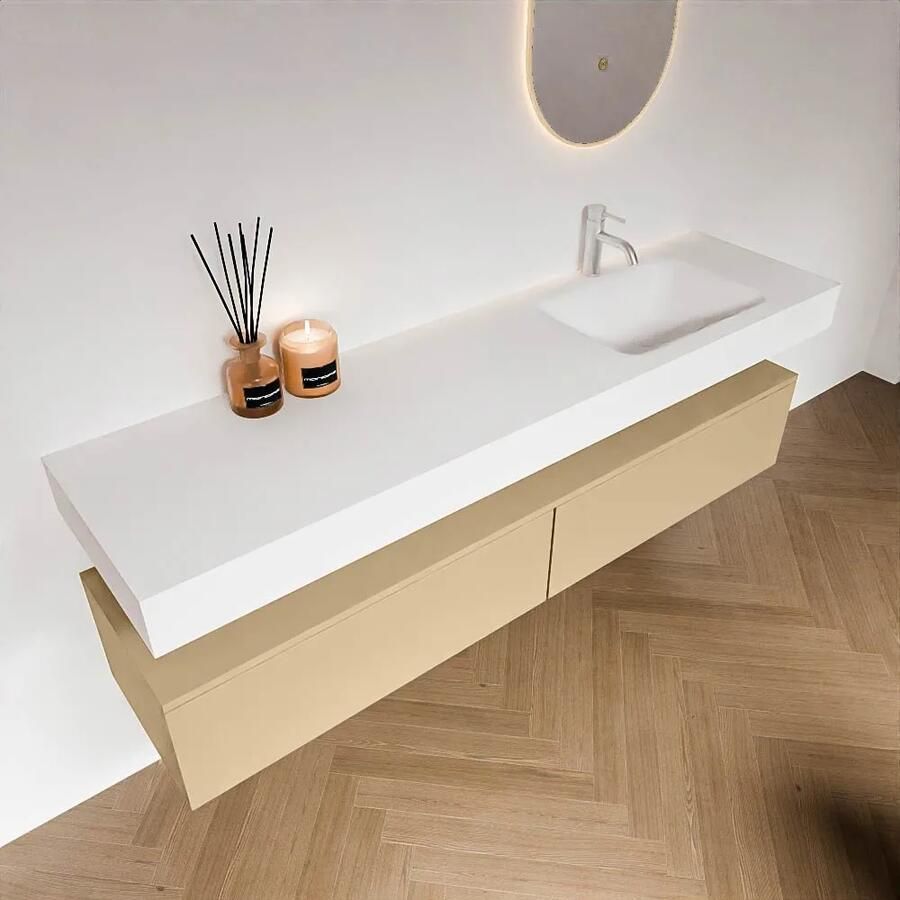 Zaro Alan badmeubel 180cm sand 2 lades met vrijhangende wastafel cloud rechts 1 kraangat talc