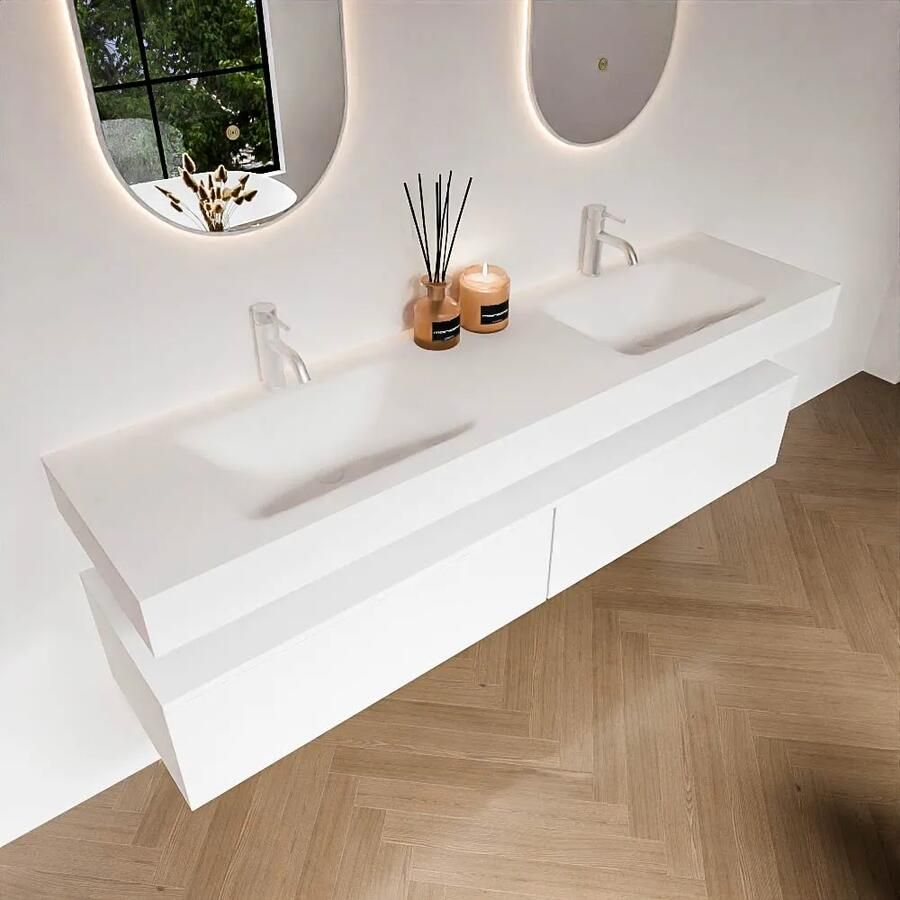 Zaro Alan badmeubel 180cm talc 2 lades met vrijhangende wastafel cloud dubbel 2 kraangaten talc