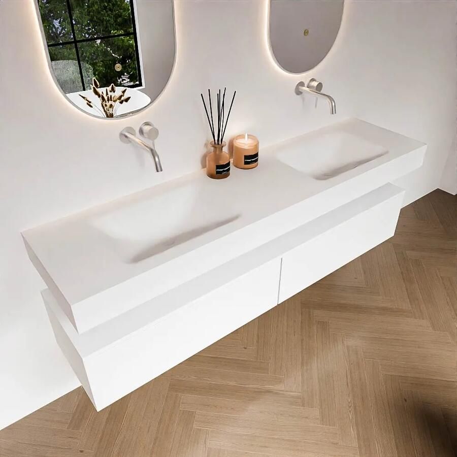 Zaro Alan badmeubel 180cm talc 2 lades met vrijhangende wastafel cloud dubbel zonder kraangat talc