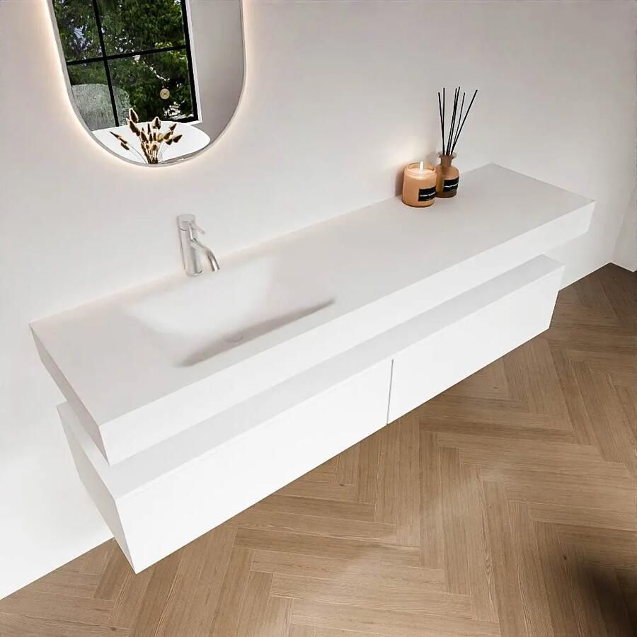 Zaro Alan badmeubel 180cm talc 2 lades met vrijhangende wastafel cloud links 1 kraangat talc