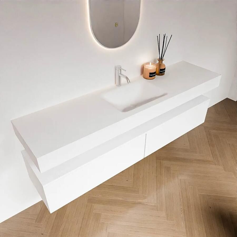 Zaro Alan badmeubel 180cm talc 2 lades met vrijhangende wastafel cloud midden 1 kraangat talc