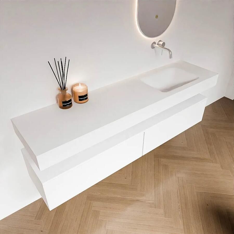 Zaro Alan badmeubel 180cm talc 2 lades met vrijhangende wastafel cloud rechts zonder kraangat talc