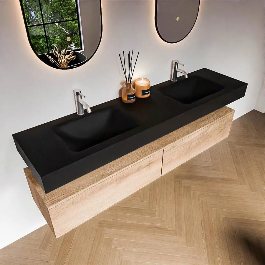 Zaro Alan badmeubel 180cm washed oak 2 lades met vrijhangende wastafel cloud dubbel 2 kraangaten urban