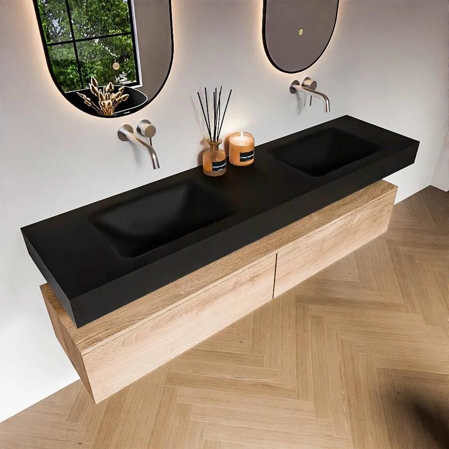 Zaro Alan badmeubel 180cm washed oak 2 lades met vrijhangende wastafel cloud dubbel zonder kraangat urban