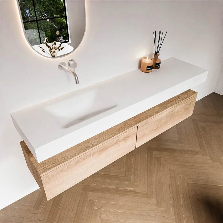 Zaro Alan badmeubel 180cm washed oak 2 lades met vrijhangende wastafel cloud links zonder kraangat talc