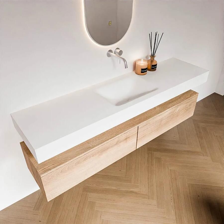 Zaro Alan badmeubel 180cm washed oak 2 lades met vrijhangende wastafel cloud midden zonder kraangat talc