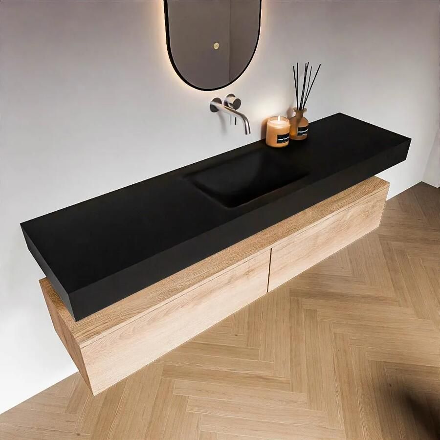 Zaro Alan badmeubel 180cm washed oak 2 lades met vrijhangende wastafel cloud midden zonder kraangat urban