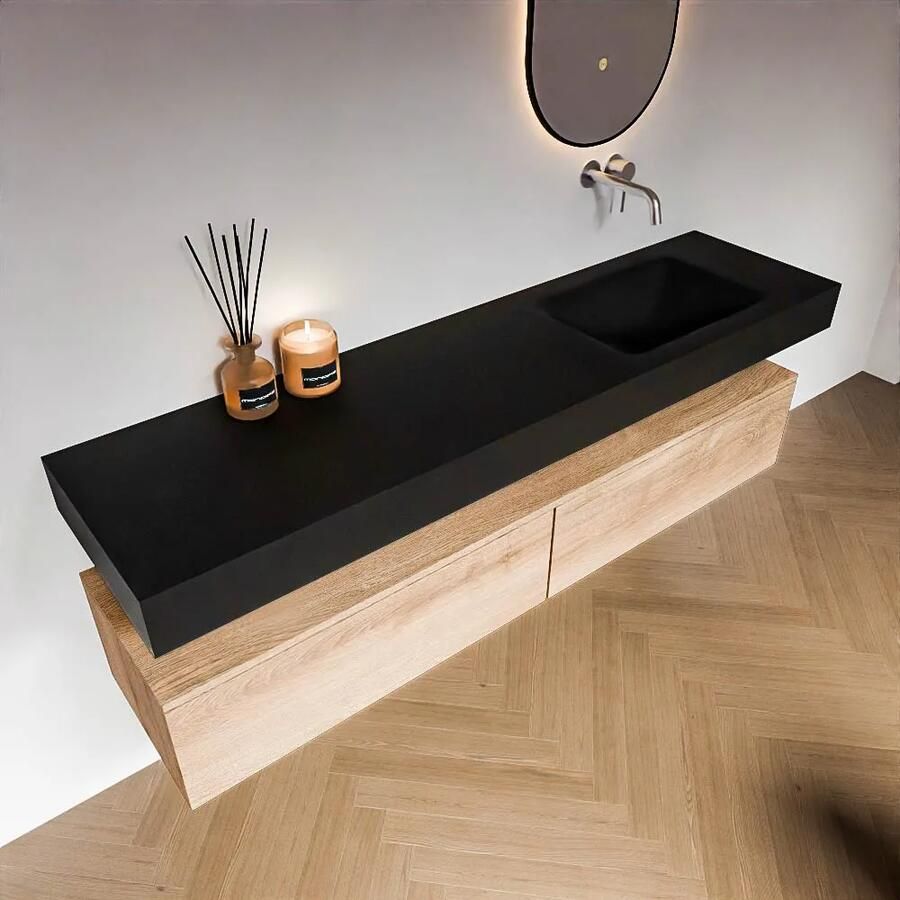 Zaro Alan badmeubel 180cm washed oak 2 lades met vrijhangende wastafel cloud rechts zonder kraangat urban