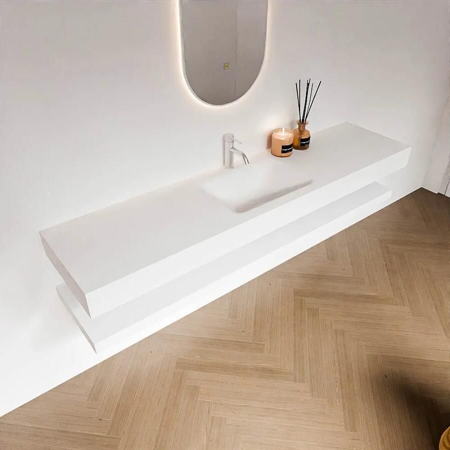 Zaro Alan badmeubel 190cm met planchet talc en vrijhangende wastafel cloud midden 1 kraangat talc