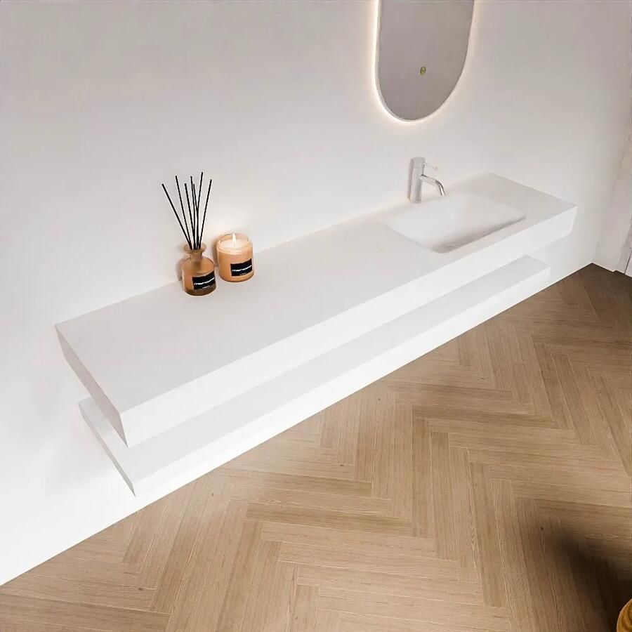 Zaro Alan badmeubel 190cm met planchet talc en vrijhangende wastafel cloud rechts 1 kraangat talc