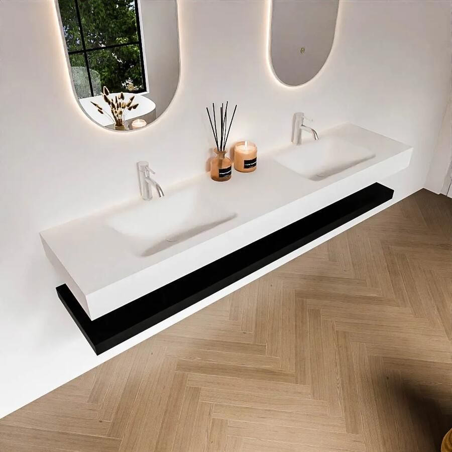 Zaro Alan badmeubel 190cm met planchet urban en vrijhangende wastafel cloud dubbel 2 kraangaten talc