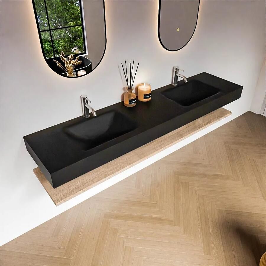 Zaro Alan badmeubel 190cm met planchet washed oak en vrijhangende wastafel cloud dubbel 2 kraangaten urban