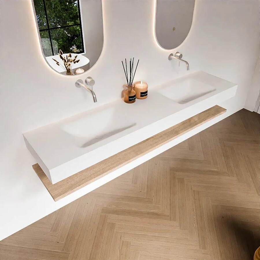 Zaro Alan badmeubel 190cm met planchet washed oak en vrijhangende wastafel cloud dubbel zonder kraangat talc