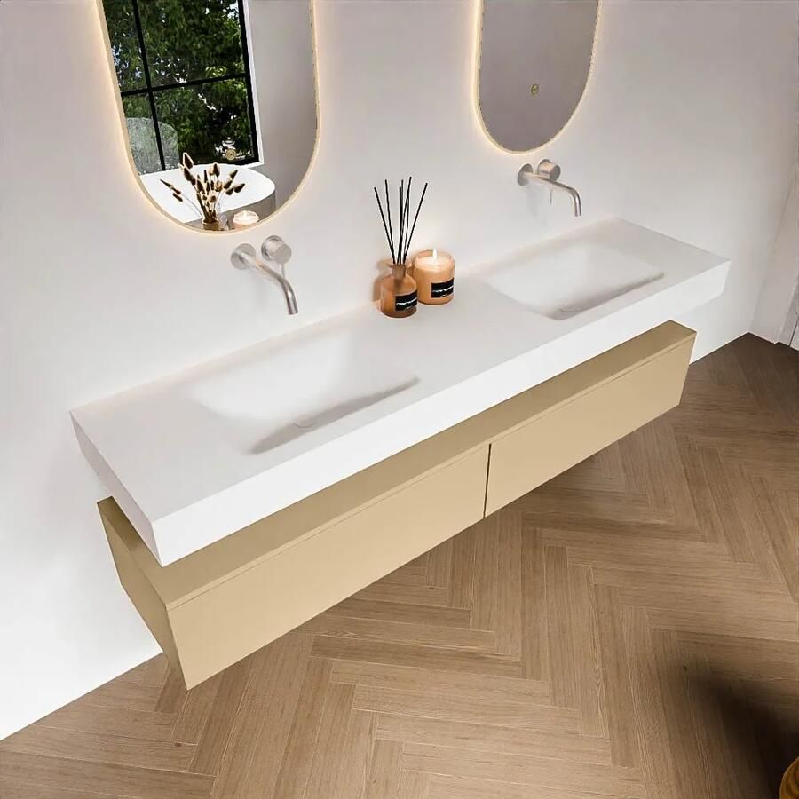 Zaro Alan badmeubel 190cm sand 2 lades met vrijhangende wastafel cloud dubbel zonder kraangat talc