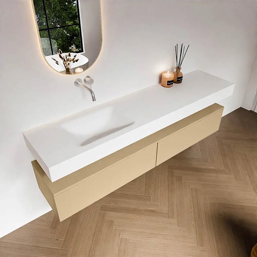 Zaro Alan badmeubel 190cm sand 2 lades met vrijhangende wastafel cloud links zonder kraangat talc