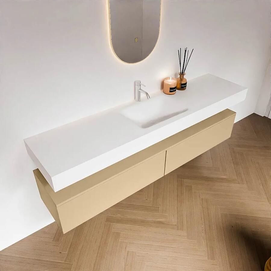 Zaro Alan badmeubel 190cm sand 2 lades met vrijhangende wastafel cloud midden 1 kraangat talc