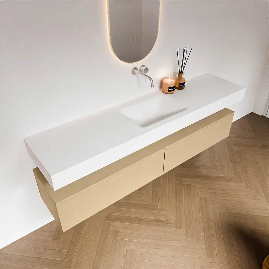 Zaro Alan badmeubel 190cm sand 2 lades met vrijhangende wastafel cloud midden zonder kraangat talc