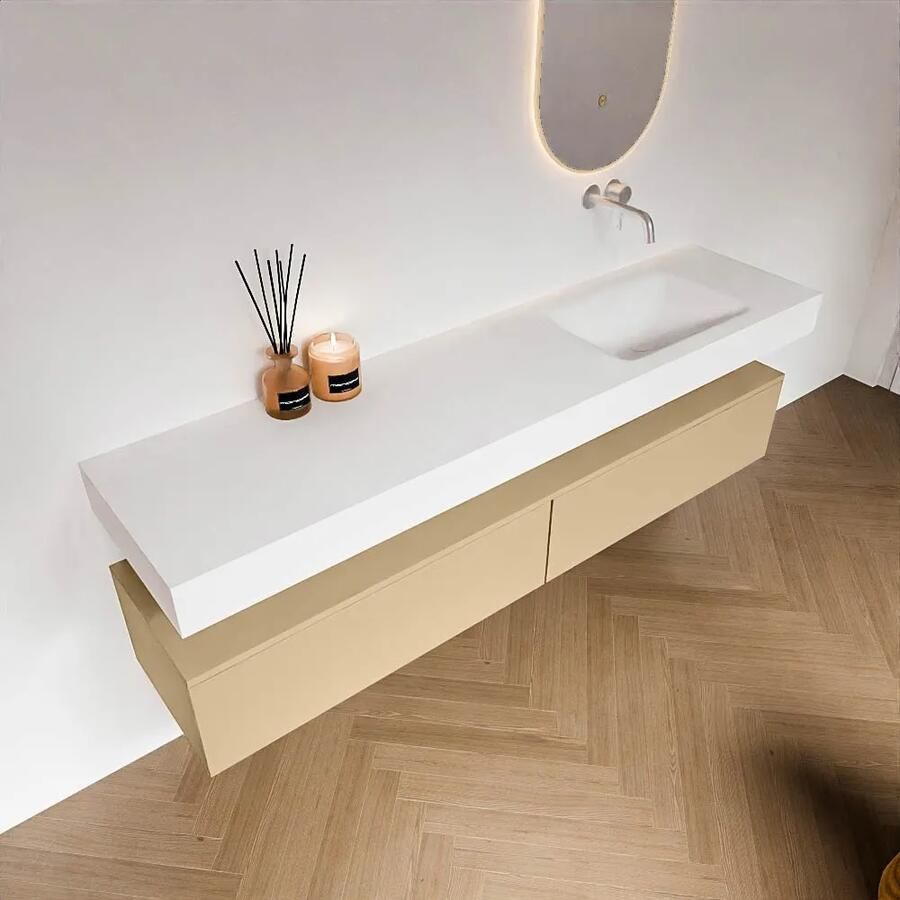 Zaro Alan badmeubel 190cm sand 2 lades met vrijhangende wastafel cloud rechts zonder kraangat talc