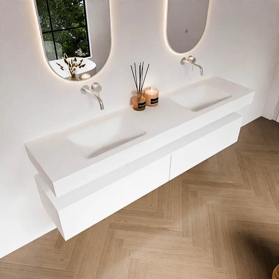 Zaro Alan badmeubel 190cm talc 2 lades met vrijhangende wastafel cloud dubbel zonder kraangat talc