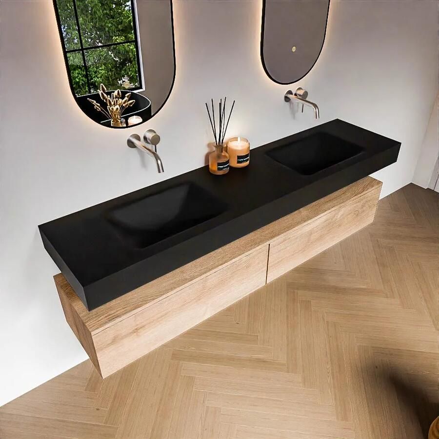 Zaro Alan badmeubel 190cm washed oak 2 lades met vrijhangende wastafel cloud dubbel zonder kraangat urban