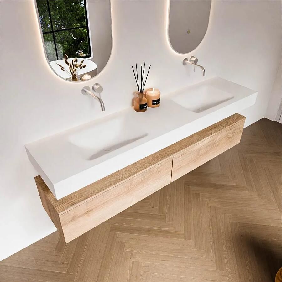 Zaro Alan badmeubel 190cm washed oak 2 lades met vrijhangende wastafel cloud dubbel zonder kraangat talc