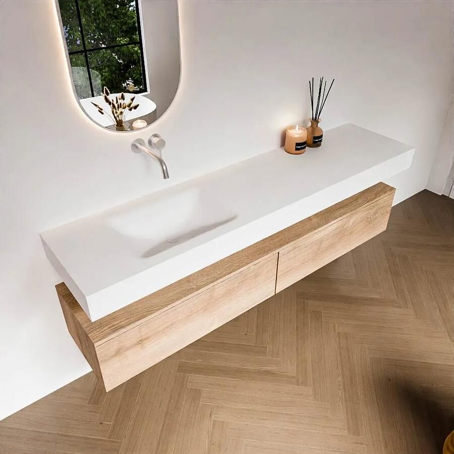 Zaro Alan badmeubel 190cm washed oak 2 lades met vrijhangende wastafel cloud links zonder kraangat talc