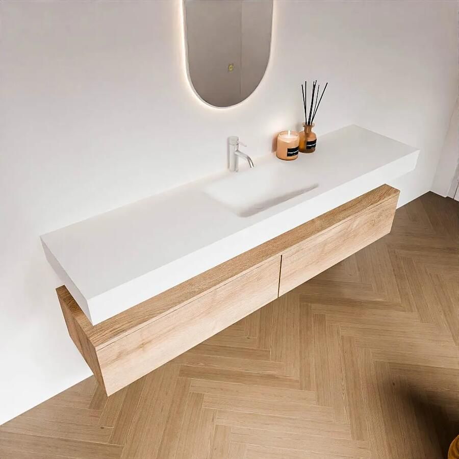 Zaro Alan badmeubel 190cm washed oak 2 lades met vrijhangende wastafel cloud midden 1 kraangat talc