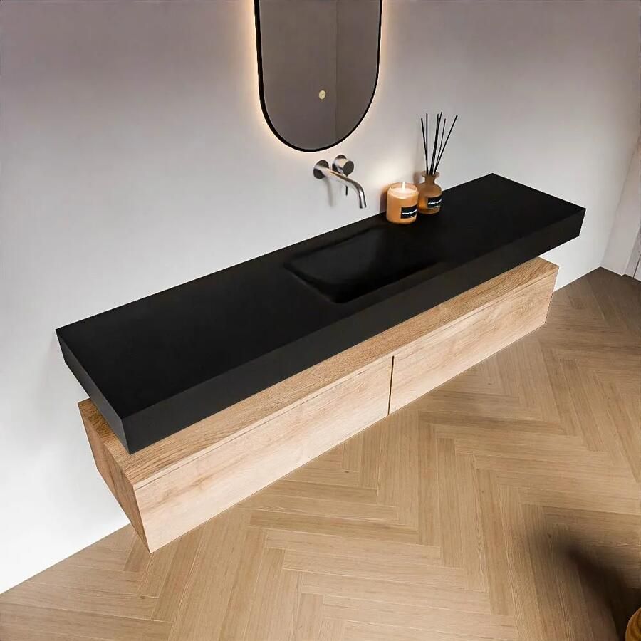 Zaro Alan badmeubel 190cm washed oak 2 lades met vrijhangende wastafel cloud midden zonder kraangat urban